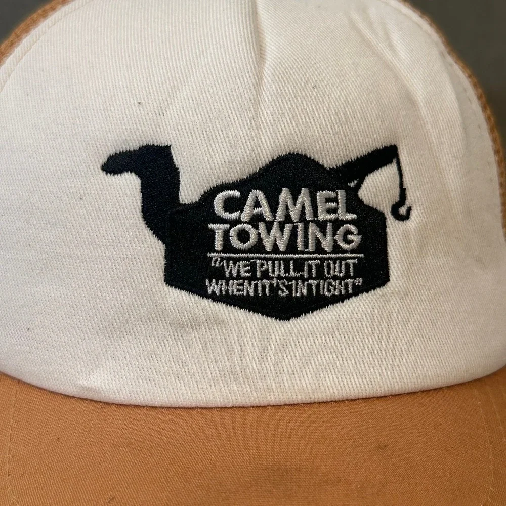 Camel Towing Funny Trucker Hat Tan White Mesh Snapback Novelty Cap